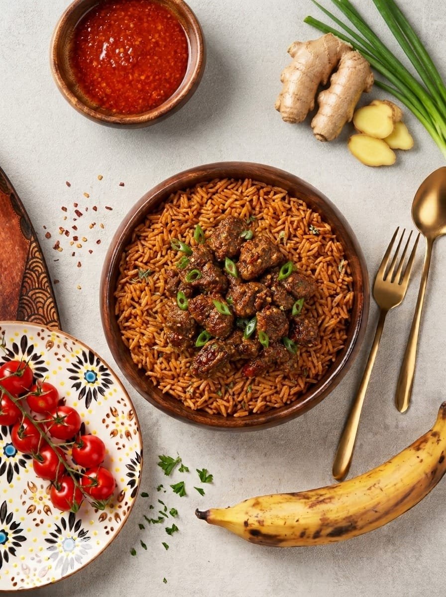 A bowl of smoky Jollof rice topped with diced ginger beef and spring onion, with fresh ginger and plantain beside it